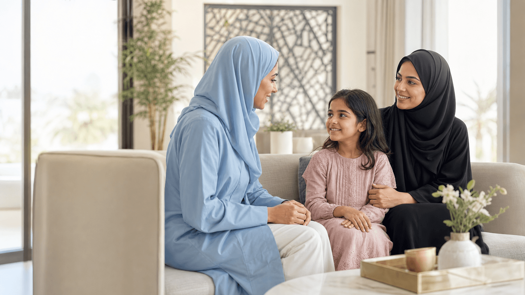 أخصائية رعاية صحية تتحدث مع أم وطفلتها في المنزل